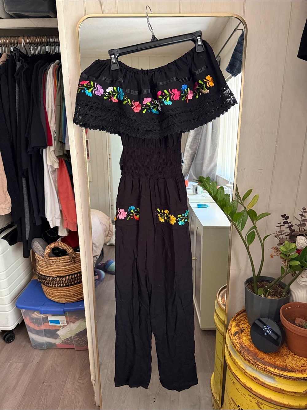 MEXICANA Black Off-Shoulder Wide-Leg Jumpsuit with Multicolor Floral Embroidery